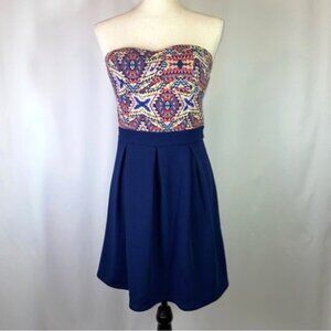 Xhilaration Strapless Mini Dress Size M Navy with Abstract Print
